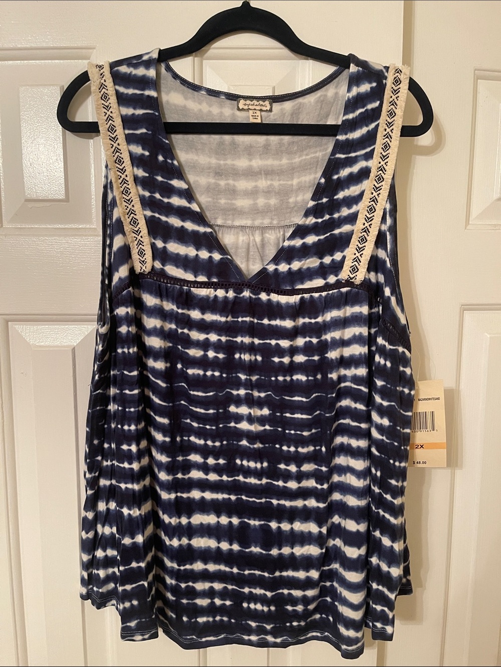 Eyeshadow Navy and White Tie-Dye Tank with Crochet Straps